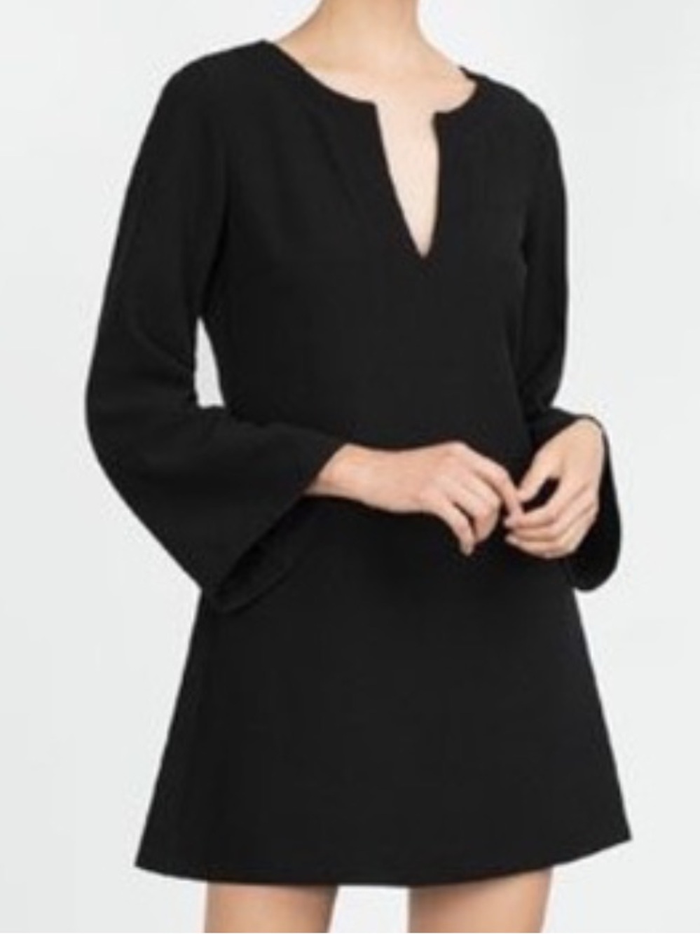Zara Black V-Notch Bell Sleeve Mini Dress